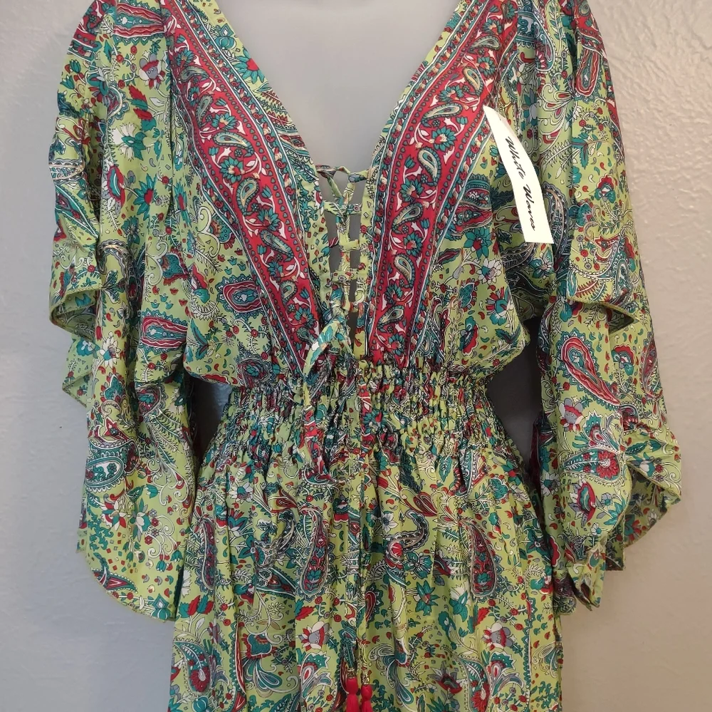 White Waves NWT Silk Blend Paisley Lace Up Boho Dress Made in India - Picture 5 of 15